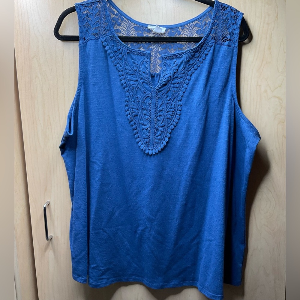 🇺🇸 Westport Slate Blue Lace Accent Tank Top, Size 3X